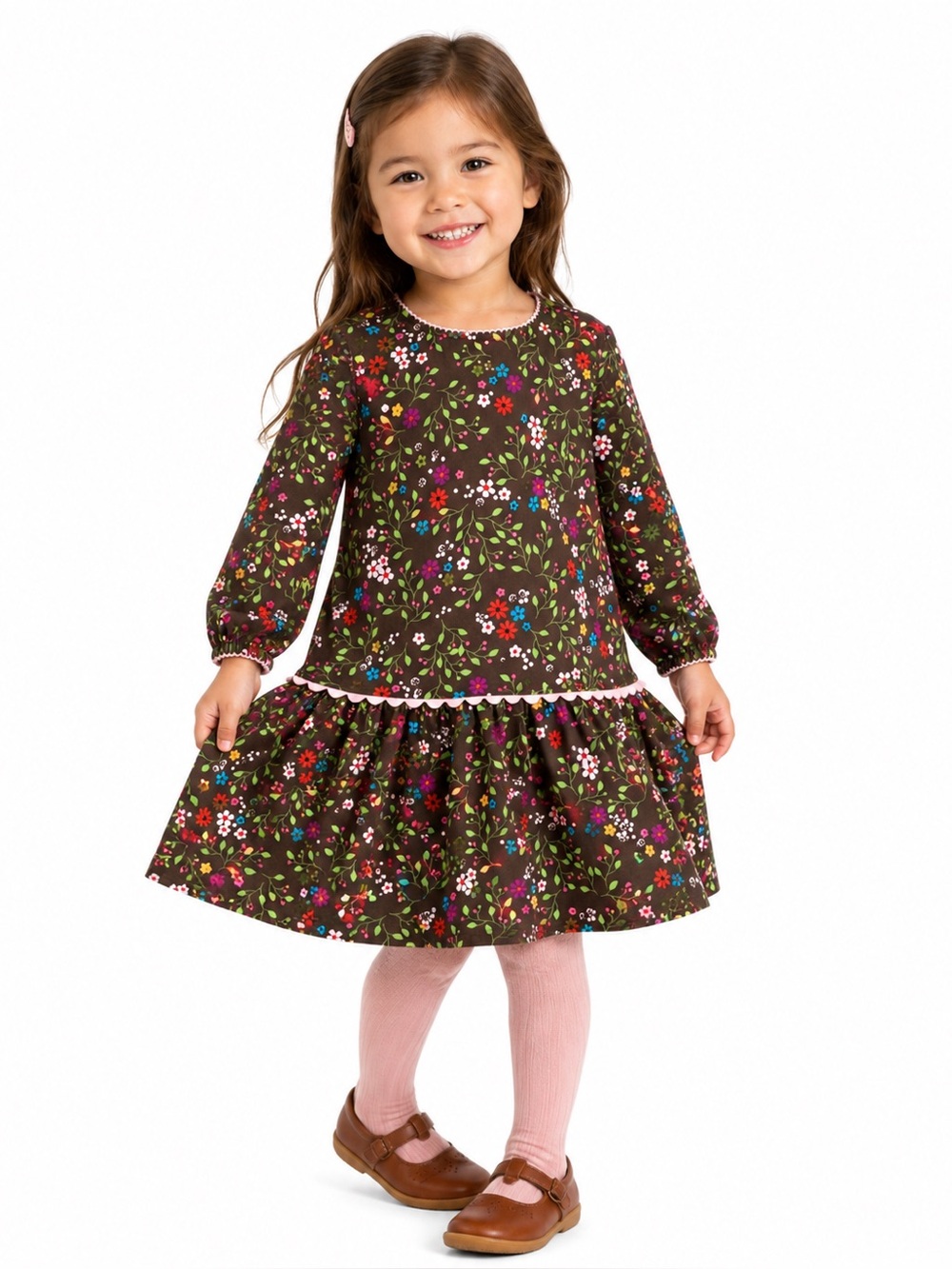 Hanna Andersson Brown Floral Long Sleeve Knit Cotton Dress Girls Size 100 3T 4T